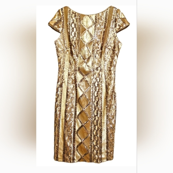 Nw Adrianna Papell Cable Knit Cap Sleeves,Gold ,Geometric Sequin Cocktail Dress - Picture 6 of 7